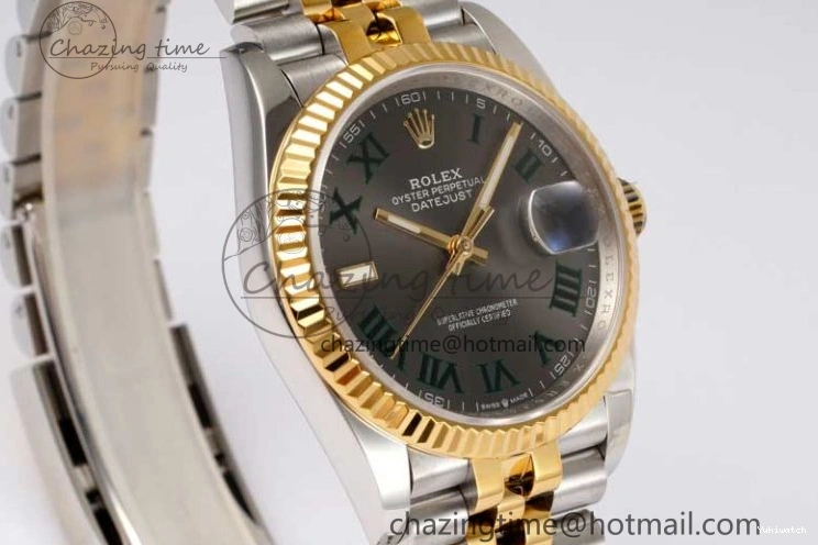 DIWF 904L SA3235 1:1 YG DateJust on Steel Bracelet Jubilee 36mm Best SS Markers Gray Dial Edition Green 0404